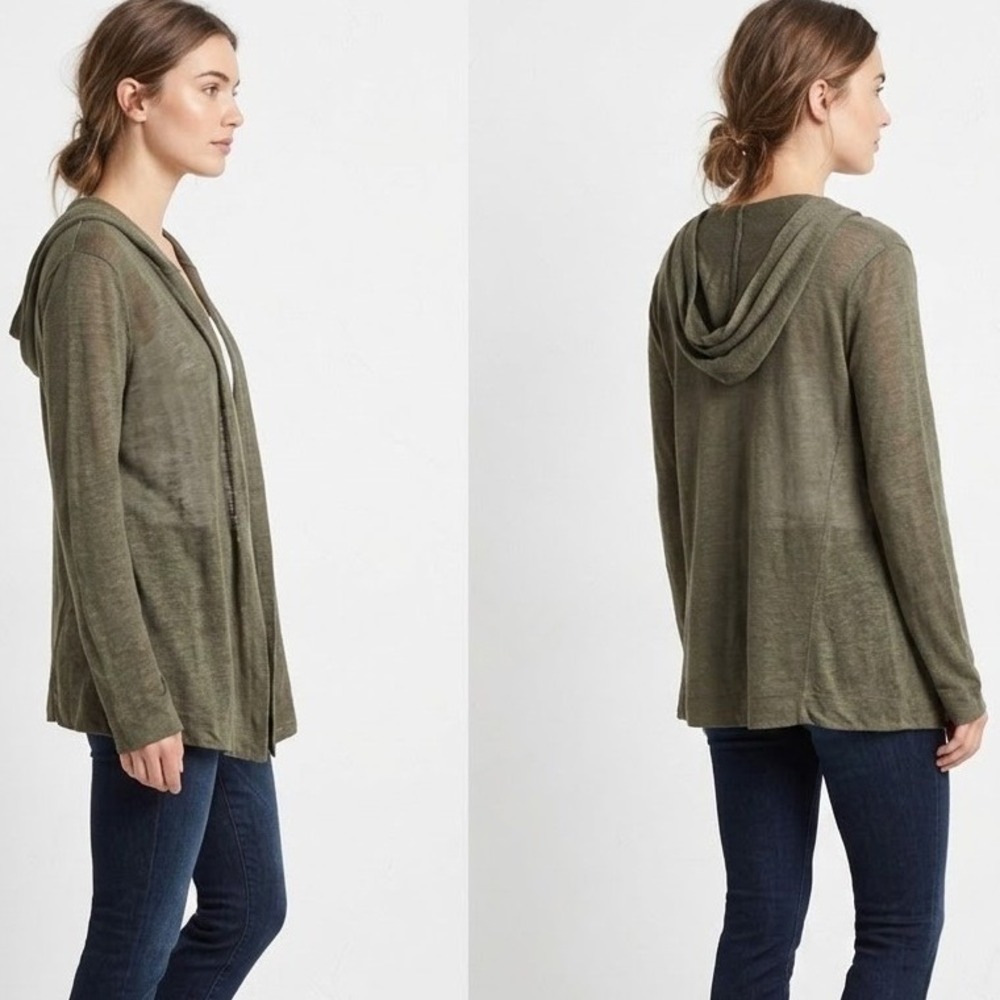 Tahari Open-Front Hooded Cardigan Sweater Small 100% Slub Linen Olive Green